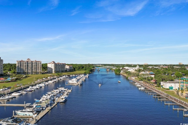 aerial view of a large body of water and a notable bridge
