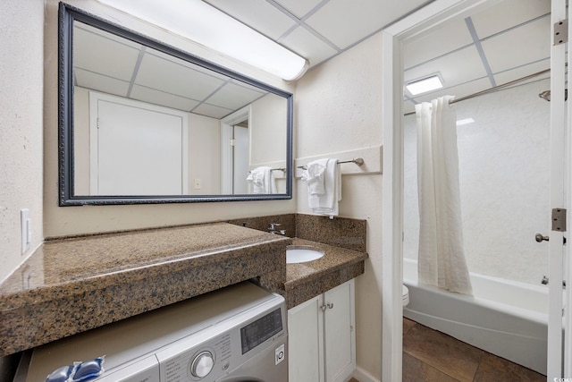 1105 S Ocean Blvd Unit 724, Myrtle Beach, SC 29577 - full bath featuring washer / clothes dryer, vanity, shower / bath combination with curtain, toilet, and a drop ceiling