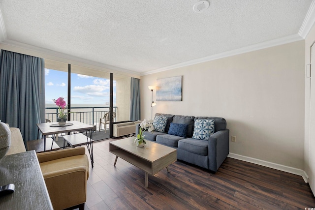 1105 S Ocean Blvd Unit 724, Myrtle Beach, SC 29577 - living area featuring a textured ceiling, ornamental molding, wood finished floors, baseboards, and a wall unit AC