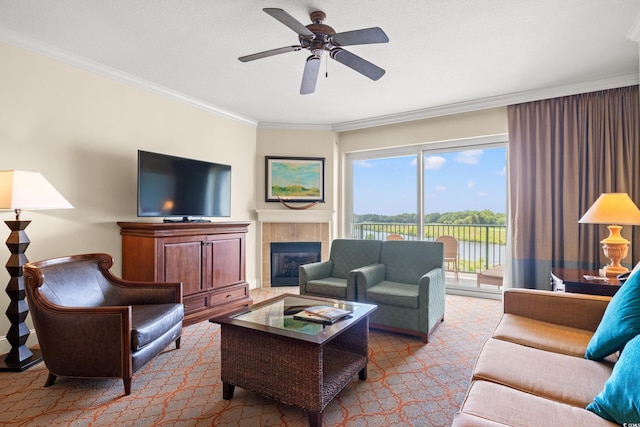 8121 Amalfi Pl Unit 7-604, Myrtle Beach, SC 29572 - carpeted living room with ornamental molding, a tile fireplace, and a ceiling fan