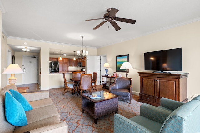 8121 Amalfi Pl Unit 7-604, Myrtle Beach, SC 29572 - living area featuring crown molding, a ceiling fan, a chandelier, and baseboards