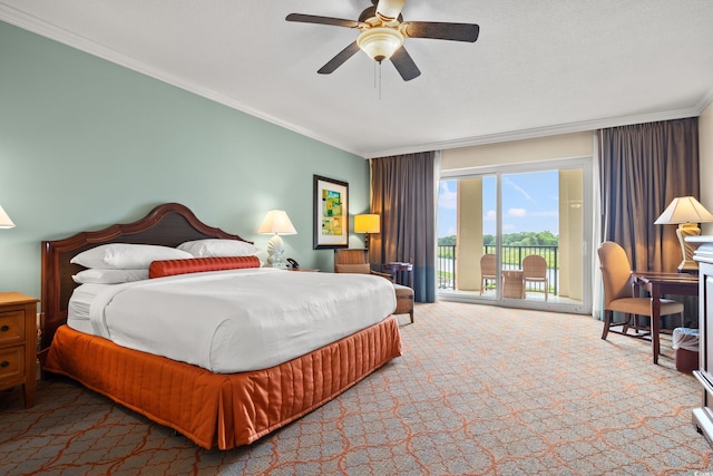 8121 Amalfi Pl Unit 7-604, Myrtle Beach, SC 29572 - carpeted bedroom with access to outside, ornamental molding, and a ceiling fan