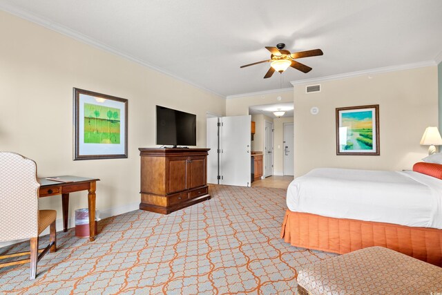8121 Amalfi Pl Unit 7-604, Myrtle Beach, SC 29572 - bedroom with ornamental molding, light colored carpet, baseboards, and a ceiling fan
