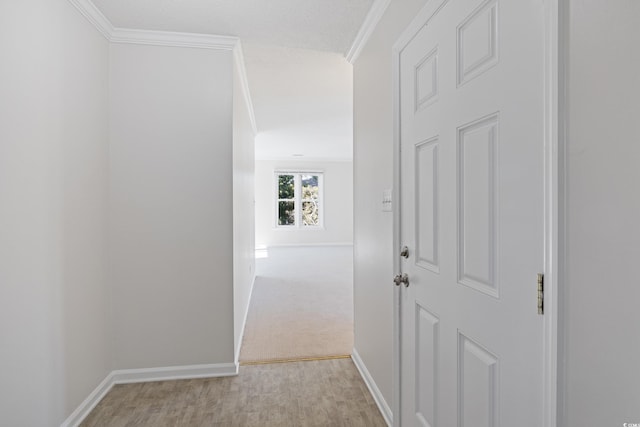 corridor featuring baseboards, crown molding, and light colored carpet