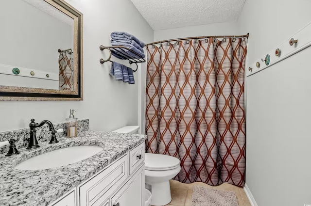 612 N Ocean Blvd Unit 103, Surfside Beach, SC 29575 - bathroom with a textured ceiling, tile patterned flooring, toilet, vanity, and a shower with shower curtain