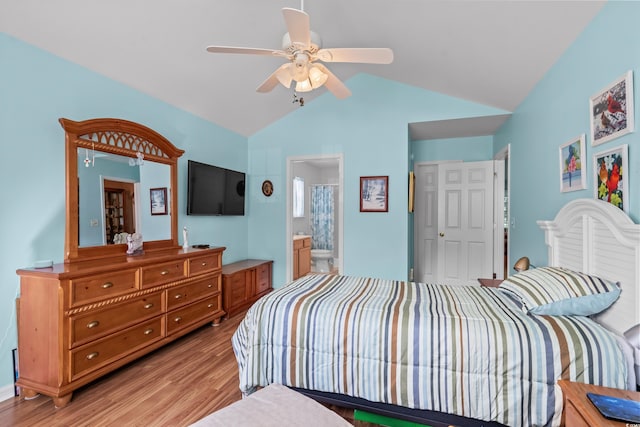 6478 Royal Pine Dr, Myrtle Beach, SC 29588 - bedroom featuring light wood-style floors, lofted ceiling, ceiling fan, and connected bathroom