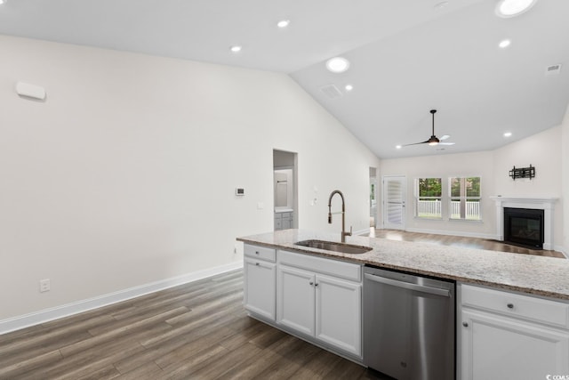 739 Harrison Mill St, Myrtle Beach, SC 29579 - kitchen with dishwasher, a sink, a ceiling fan, dark wood-style flooring, and white cabinetry