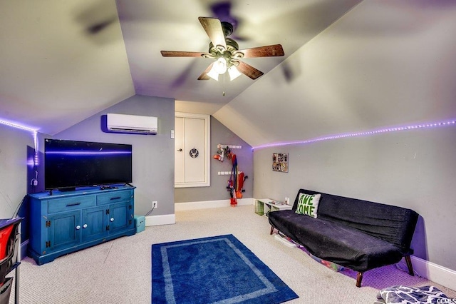 living room with a wall unit AC, carpet floors, vaulted ceiling, baseboards, and ceiling fan