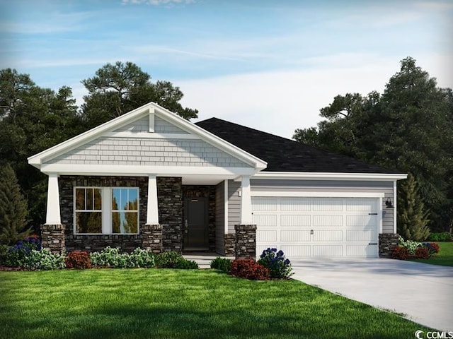 craftsman inspired home with an attached garage, stone siding, concrete driveway, and a front yard