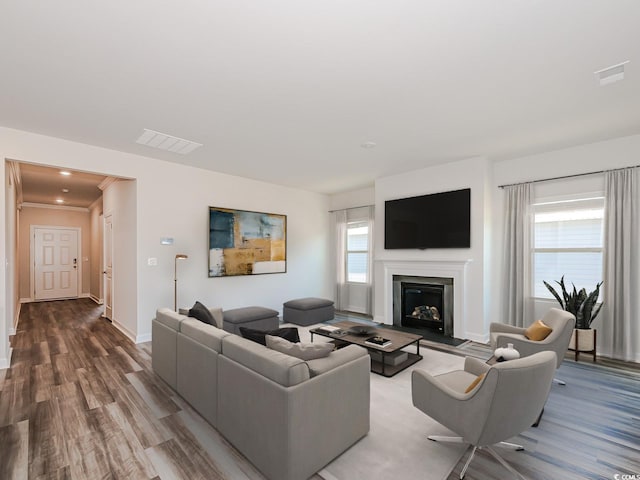 living room featuring wood finished floors, baseboards, and a glass covered fireplace