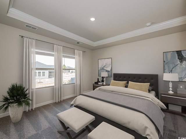 carpeted bedroom featuring a raised ceiling, ornamental molding, baseboards, and recessed lighting
