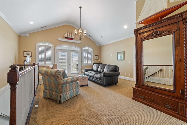 107 Waterway Crossing Ct, Little River, SC 29566 - living area with a chandelier, french doors, light colored carpet, lofted ceiling, and recessed lighting
