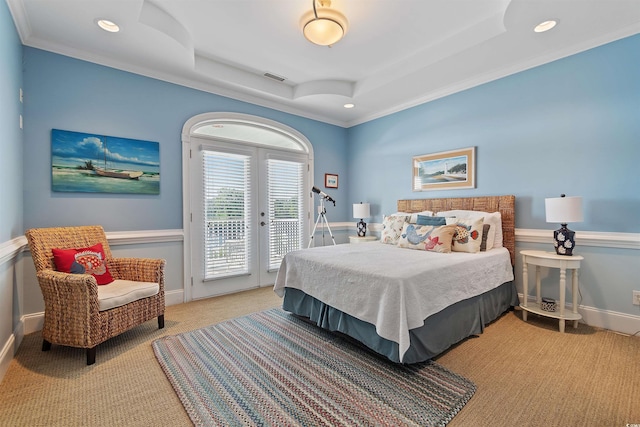 107 Waterway Crossing Ct, Little River, SC 29566 - carpeted bedroom with access to outside, a tray ceiling, ornamental molding, recessed lighting, and baseboards