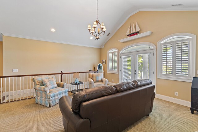 107 Waterway Crossing Ct, Little River, SC 29566 - carpeted living room with lofted ceiling, a chandelier, crown molding, baseboards, and french doors