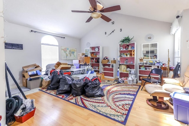 9664 Middleton Ct, Murrells Inlet, SC 29576 - living room with ceiling fan, wood finished floors, and high vaulted ceiling