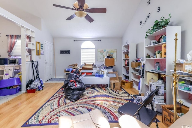 9664 Middleton Ct, Murrells Inlet, SC 29576 - home office with a ceiling fan, wood finished floors, and lofted ceiling