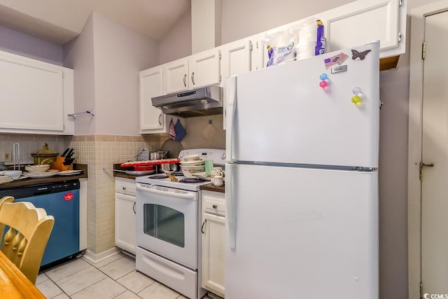 9664 Middleton Ct, Murrells Inlet, SC 29576 - kitchen featuring white appliances, under cabinet range hood, white cabinets, and light tile patterned floors