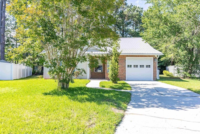 9664 Middleton Ct, Murrells Inlet, SC 29576 - view of property hidden behind natural elements with an attached garage, concrete driveway, brick siding, and metal roof