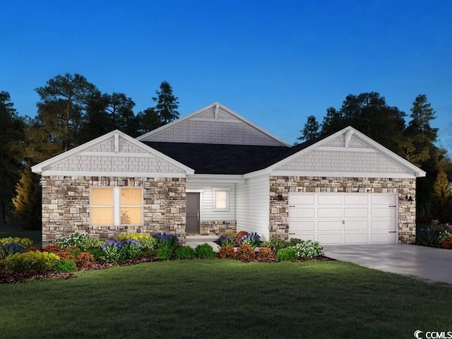 4857 Hopespring St, Myrtle Beach, SC 29579 - view of front of property with stone siding, an attached garage, a front lawn, and concrete driveway