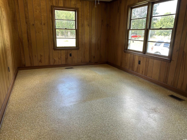 spare room with healthy amount of natural light, wooden walls, and baseboards