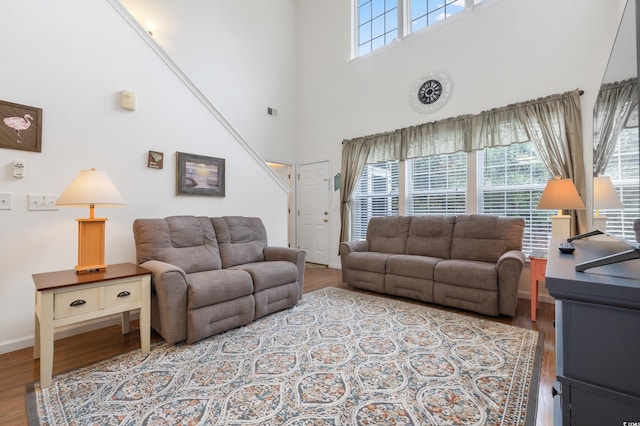 living area featuring wood finished floors, a high ceiling, and baseboards