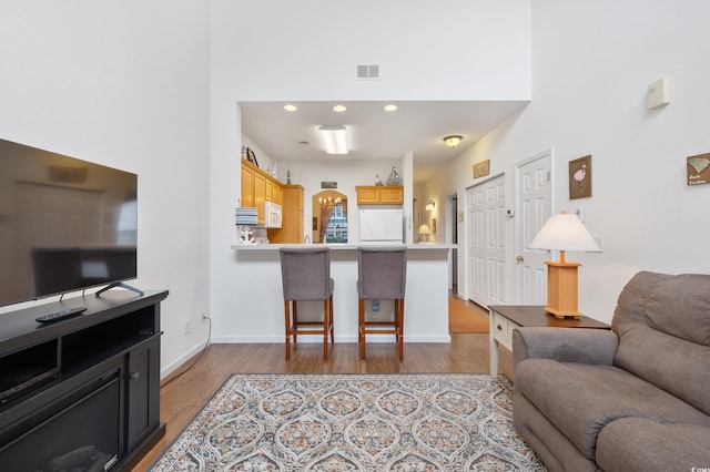 living area featuring wood finished floors, a high ceiling, baseboards, and recessed lighting
