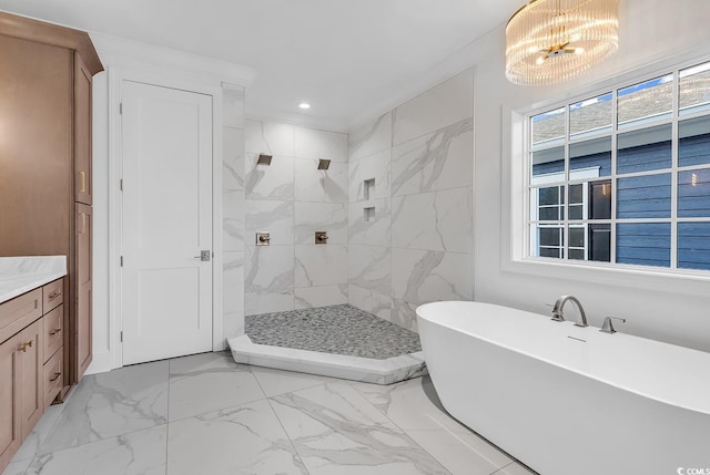441 Saint Julian Ln, Myrtle Beach, SC 29579 - bathroom featuring marble finish floors, a chandelier, tiled shower, a freestanding tub, and recessed lighting