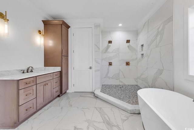 441 Saint Julian Ln, Myrtle Beach, SC 29579 - full bath featuring a tile shower, marble look tile flooring, a freestanding tub, crown molding, and recessed lighting