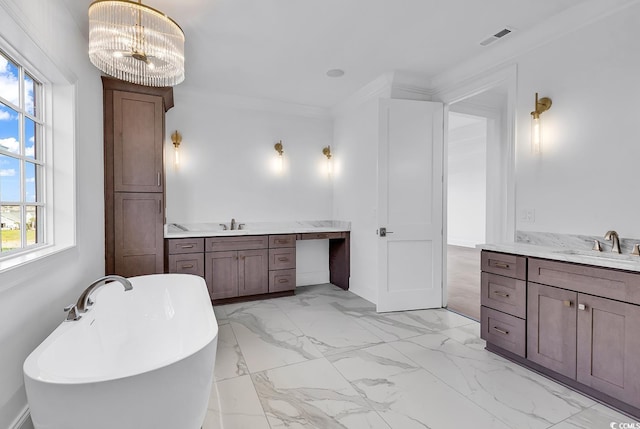 441 Saint Julian Ln, Myrtle Beach, SC 29579 - bathroom with two vanities, a freestanding tub, marble look tiles, healthy amount of natural light, and ornamental molding