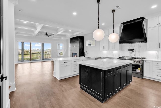 437 Saint Julian Ln, Myrtle Beach, SC 29579 - kitchen with custom range hood, stainless steel stove, dark cabinetry, a sink, and coffered ceiling