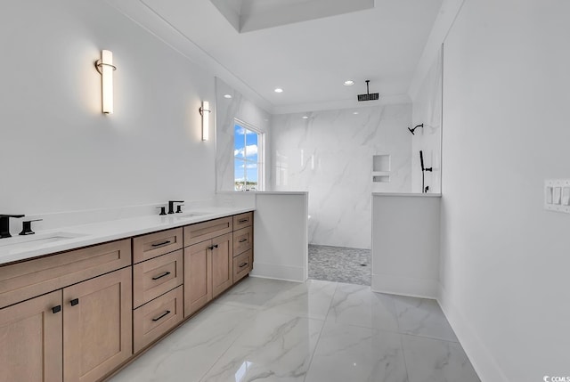 437 Saint Julian Ln, Myrtle Beach, SC 29579 - bathroom featuring a marble finish shower, marble finish floors, baseboards, recessed lighting, and double vanity