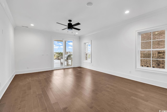 437 Saint Julian Ln, Myrtle Beach, SC 29579 - unfurnished room with a ceiling fan, baseboards, ornamental molding, dark wood-style flooring, and recessed lighting