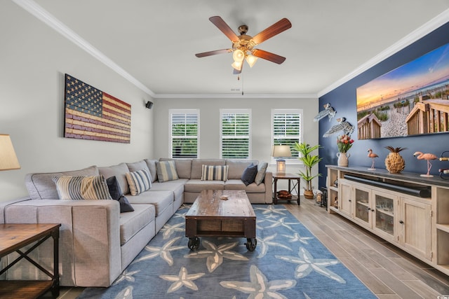 living room featuring crown molding, ceiling fan, and wood finished floors