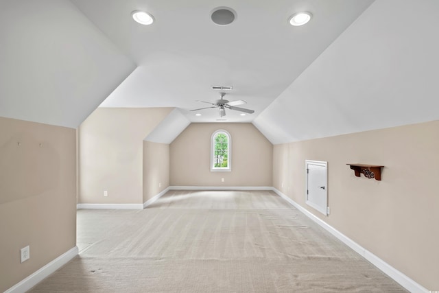 bonus room featuring baseboards, vaulted ceiling, carpet floors, ceiling fan, and recessed lighting