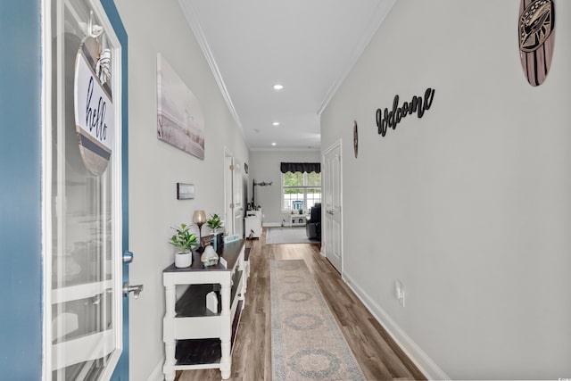 322 Canyon Dr, Conway, SC 29526 - hallway featuring ornamental molding, wood finished floors, baseboards, and recessed lighting