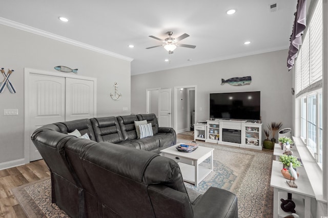 322 Canyon Dr, Conway, SC 29526 - living area with ceiling fan, wood finished floors, recessed lighting, ornamental molding, and baseboards