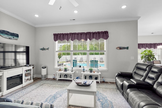 322 Canyon Dr, Conway, SC 29526 - living area featuring wood finished floors, baseboards, crown molding, healthy amount of natural light, and ceiling fan