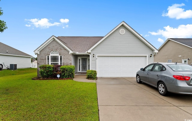 ranch-style house featuring driveway, a garage, central AC unit, a front lawn, and roof with shingles