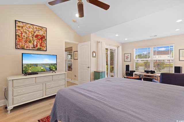 bedroom with light wood finished floors, access to exterior, lofted ceiling, recessed lighting, and baseboards