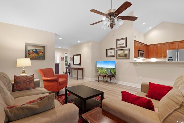 living room featuring ceiling fan, light wood-type flooring, baseboards, recessed lighting, and high vaulted ceiling