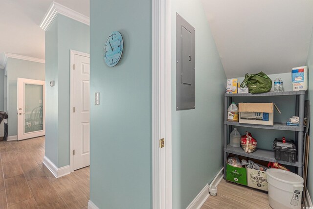 511 Colonial Trace Dr Unit 7-C, Longs, SC 29568 - hall with electric panel, crown molding, and wood finished floors