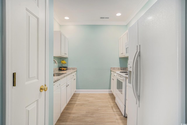511 Colonial Trace Dr Unit 7-C, Longs, SC 29568 - kitchen with white appliances, light wood-style floors, ornamental molding, white cabinetry, and recessed lighting