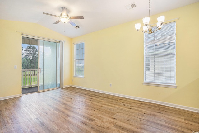488 River Oaks Dr Unit 61N, Myrtle Beach, SC 29579 - empty room with a chandelier, wood finished floors, lofted ceiling, a ceiling fan, and baseboards