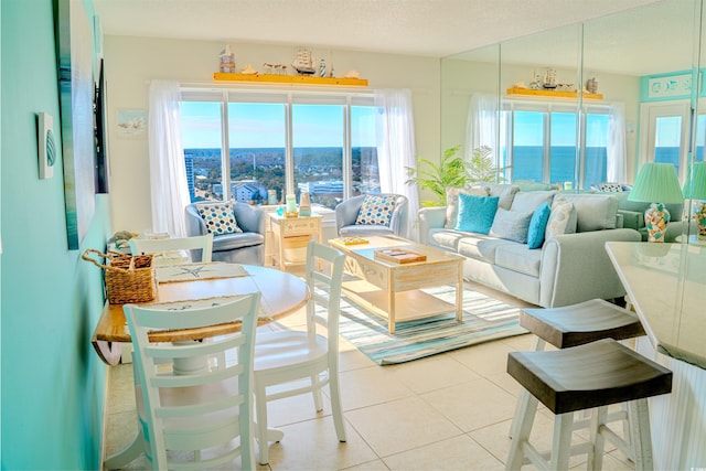 living room with light tile patterned floors