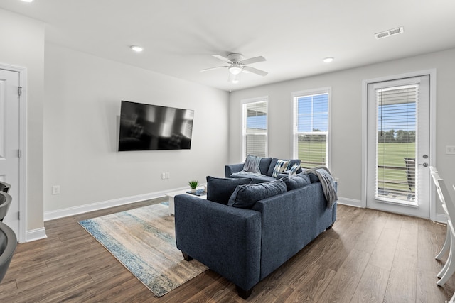 5127 Double Eagle Way Unit 11, North Myrtle Beach, SC 29582 - living area with dark wood-type flooring, ceiling fan, plenty of natural light, and recessed lighting