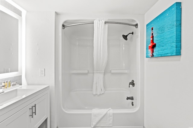 2301 S Ocean Blvd Unit 621, Myrtle Beach, SC 29577 - bathroom featuring shower / bath combination with curtain, vanity, and backsplash
