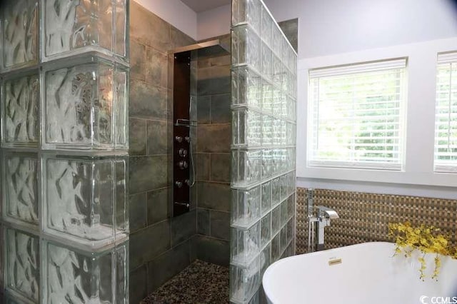 bathroom featuring a soaking tub and a walk in shower