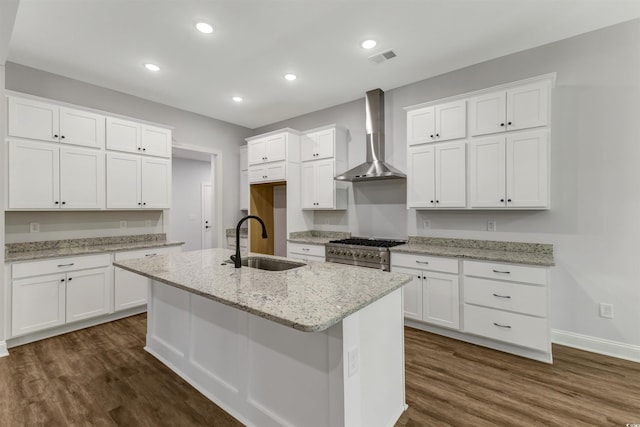 4120 Whatuthink Rd, Myrtle Beach, SC 29588 - kitchen featuring a sink, wall chimney range hood, dark wood-style flooring, white cabinets, and recessed lighting