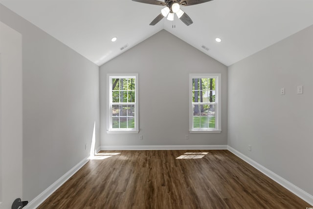 4120 Whatuthink Rd, Myrtle Beach, SC 29588 - unfurnished room featuring ceiling fan, dark wood-style floors, recessed lighting, baseboards, and vaulted ceiling