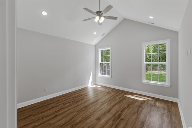 4120 Whatuthink Rd, Myrtle Beach, SC 29588 - spare room featuring a ceiling fan, dark wood finished floors, recessed lighting, lofted ceiling, and baseboards